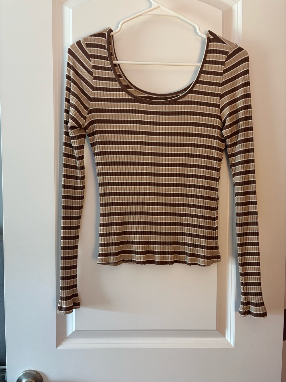 Target Brown and Cream Ribbed Scoop-Neck Long Sleeve Top